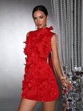 Spliced Appliques Elegant Dresses For Women Stand Collar Sleeveless High Waist Patchwork Zipper Mini Dress Female