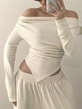 Solid Two Piece Set for Women Slash Neck Irregular Hem Long Sleeve Top High Waist Straight Pant Casual Suit Female
