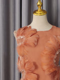 Fashion Orange 3D Floral Appliquet Mini Dress for Women Sleeveless O Neck Slim Sheer Tulle Puffed Skirt for Themed Parties