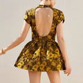 Hit Color Printing Slimming Mini Dresses for Women O Neck Short Sleeve High Waist Temperament Dress Female
