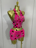 Sexy Evening Party Nightclub Performance Costume Women Birthday Mesh See-Through Pin Decoration Chain Short Dress Two-Piece Set