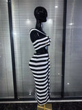 High Quality Women Sexy Slash Neck Striped 2 Pieces Bodycon Midi Bandage Dress Nightclub Party Celebrate Evening Clothing