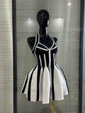 Women Sexy Halter Off the Shoulder Striped A-Line Mini Bandage Dress Celebrate Red Carpet Evening Party Cocktail Outfit