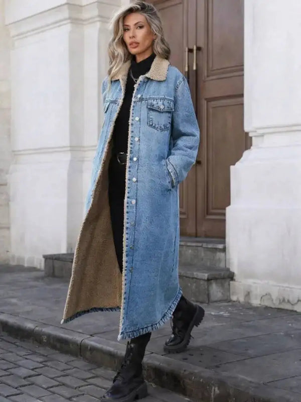 Women Denim Coat Long Loose Fleece Lined Turndown Collar Pocket Vintage Outerwear Autumn Winter
