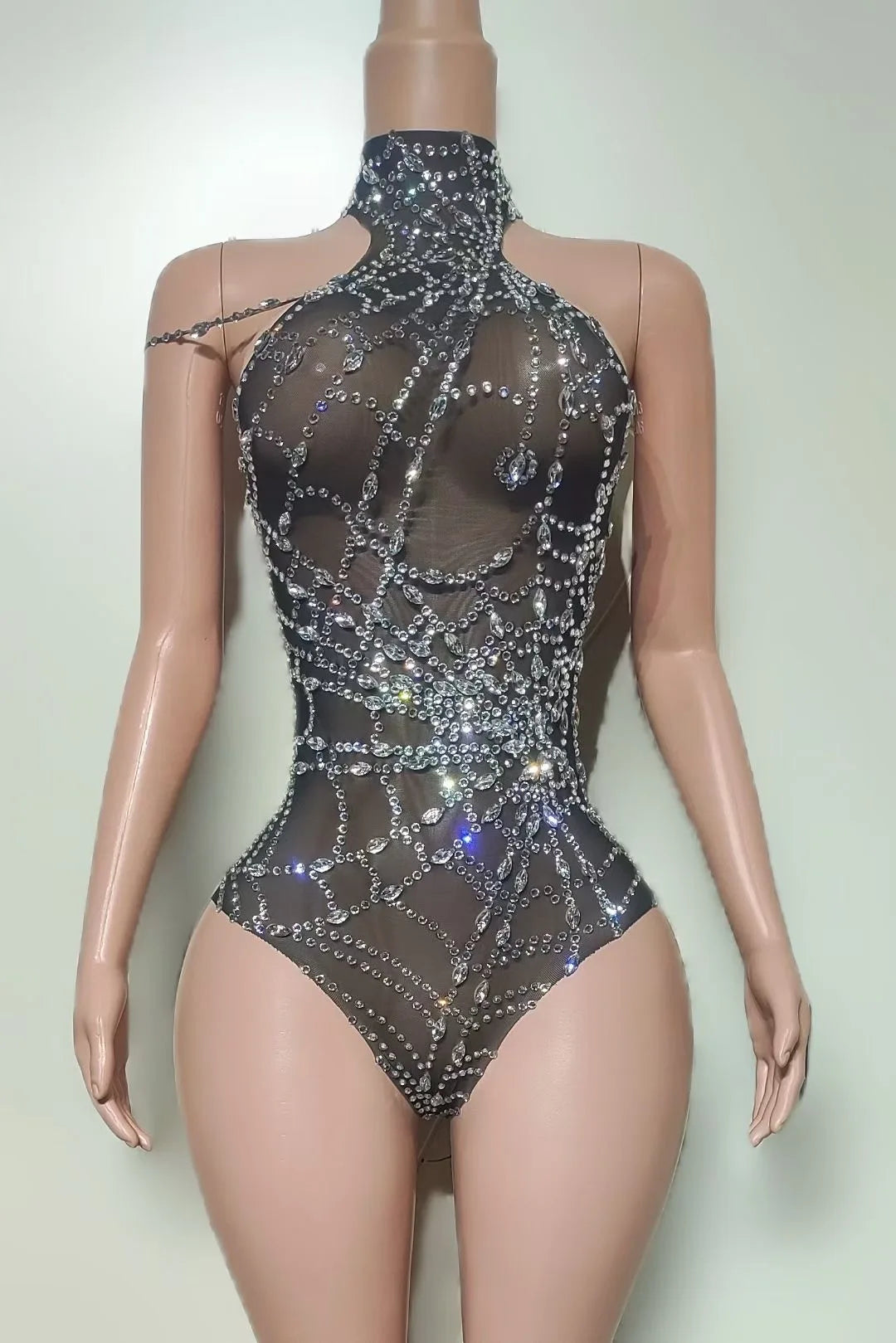 Women Luxury Black Mesh See Through Crystal Diamond Bodycon Dress Sexy Evening Party Club Nightclub Dress Singer Stage Costume