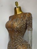 Luxury Sparkly Rhinestones Tassel Transparent Mesh Stretch Long Dress Women Evening Celebrate Birthday Dress Sexy Stage Costumes