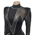Sparkly Rhinestone Perform Costume Long Sleeve Sheer Mesh Jumpsuit Singer Party Show Outfit Club Patchwork Skinny Jumpsuits