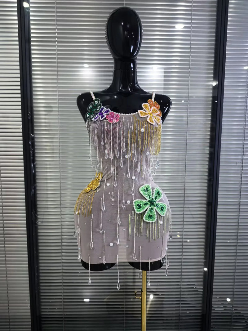 Women Sexy Strap Mesh See Through Shining Diamond Chain Bodycon Mini Dress Nightclub Party Celebrate Cocktail Wear