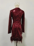 Solid Spliced Sequines Slimming Dresses for Women O Neck Long Sleeve Temperament Dress Female Fashion New