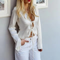 Solid Loose Temperament Blouse for Women Lapel Long Sleeves Patchwork Lace Up Elegant Top Female Fashion Clothing