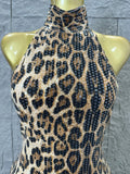 Refined Leopard Print Maxi Dress Women Sexy Halter Neck Sleeveless Sequin Embellished Bodycon Outfit Nightclub Party Costume