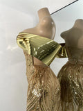 Flashing Gold Long Party Dress Luxury Diamonds Sequins See Thourgh Birthday Gown Sexy Off Shoulder Performance Singer Costume