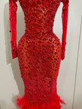 New Sexy Sparkling Red Crystals Feathers Long Sleeve Mermaid Maxi Dress Women Wedding Celebrate Luxury Birthday Party Prom Gown