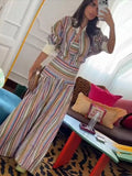 Boho Colorful Stripe Midi Skirt Set Turn Down Collar Single Breasted Long Sleeve Shirt Fitted Waist Flowy Women Skirts Outfits