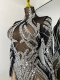 Sparkly Sequins Rhinestones Women Sexy Black Mesh See Through Long Sleeve Party Nightclub Performance Costume Stage Wear