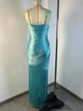 Glam Shiny Spaghetti Strap Cowl Neck Ruched Wrap Maxi Dress for Women High Split Overlay Fringe Hem Club Party Evening Wear