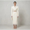 White Ruffle Stand Collar Peplum Skirt Set Romantic High Neck Long Sleeve Slim Co-ord 2026 Spring Wedding Dating Party Outfit