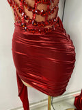 Sparkly Red Diamonds Asymmetrical Two Pieces Dress Design 2025 Women Sexy Strapless Top Skirt Suits Dance Performance Outfit