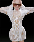 Custom White Lace Sheer High Neck Flare Long Sleeve Corset Mini Dress Fashion Bodycon Formal Evening Party Gown