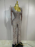Sexy Perform Costume Sparkly Rhinestones Sequins Long Sleeves Print Jumpsuit Women Evening Party Birthday Nightclub Stage Wear