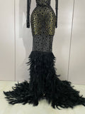 New Sexy Sparkling Red Crystals Feathers Long Sleeve Mermaid Maxi Dress Women Wedding Celebrate Luxury Birthday Party Prom Gown
