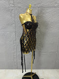 Sexy Crystal Mesh Halter Mini Dress Women Sheer Sequin Embellished Bodycon Outfit Birthday Party Nightclub Performance Costume