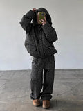 Women Winter Two‑Piece  Leopard Print Hooded Puffer Jacket Outfit Loose Cuffed Jogger Pants Warm Casual Streetwear Matching Set