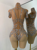Sparkly Rhinestonnes Mesh Transparent Bodysuit Sexy Women Performance Nightclub Stage Outfit Luxury Festival Costume