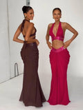 Women Metallic Trim 2 Piece Set Halter Deep V Cutout Crop Top High Waist Ruched Draped Mermaid Skirt Suit Lady Evening Outfit