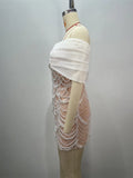 Luxury Beaded Glam Off-the-shoulder One-word Collar Short Dress Socialite Birthday Party Performance Wear Cocktail Formal Gown