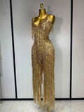 Women Sparkly Glod Rhinestones Sequined Fringe Jumpsuit Sexy Nightclub Party Birthday Outfit Show Singer Stage Perform Costume