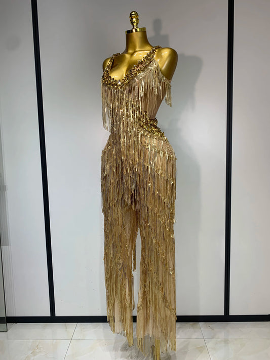 Women Sparkly Glod Rhinestones Sequined Fringe Jumpsuit Sexy Nightclub Party Birthday Outfit Show Singer Stage Perform Costume