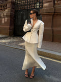 Women 2026 Spring Summer Blazer Two Piece Deep V Neck Peplum Waist Button Top Mermaid Long Skirt Commute Matching Set