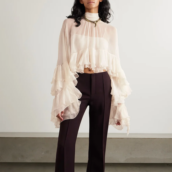 Solid Patchwork Ruffles Loose Blouses for Women I Neck Long Sleeveless Temperament Minimalsit Shirts Female New