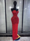 Sparkly Red Golden Big Crystal Women Strapless Mesh See Through Bodycon Long Maxi Dress Elegant Evening Party Cocktail Outfit