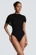 Ladies Bodycon Mesh Ruched Romper Asymmetric Draped Shoulder Mock Neck Short Jumpsuit Slim Fit Wrap Hem Cocktail And Clubwear