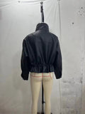 Elastic Drawstring Leather Jacket Zipper Stand Collar Long Sleeved Short Jackets Lady 2026 Autumn Women Chic Street Outerwear