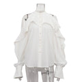 Solid Spliced Button Loose Shirts for Women Lapel Long Sleeve Temperament Minimalist Shirts Female Fashion