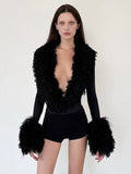 Patchwork Plush Bodysuits Women Deep V-Neck Sexy Autumn Winner Style Skinny Fashion Elasticity Midnight Streetwear