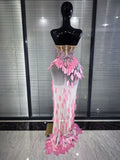 Skyblue Pink Women Sexy Strapless Shining Rhinestones Mesh Bodycon Mermaid Dress Celebrate Birthday Party Cocktail Outfit