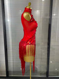 Black Red Women Sexy One Shoulder Shinning Crystal Sequins Tassels Bodycon Mid-calf Dress Nightclub Party Bar Dancer Costumes