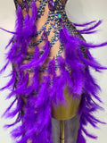 Sparkly Rhinestones Feather Sexy Bodycon Long Dress Women Luxury Birthday Evening Party Fashion Show Nightclub Stage Costume