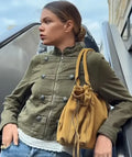 Green Napoleon Short Jeans Jacket Women's Chic Stand Collar Long Sleeve Zipper Crop Coat 2026 Lady Fall New Daily Street Outwear