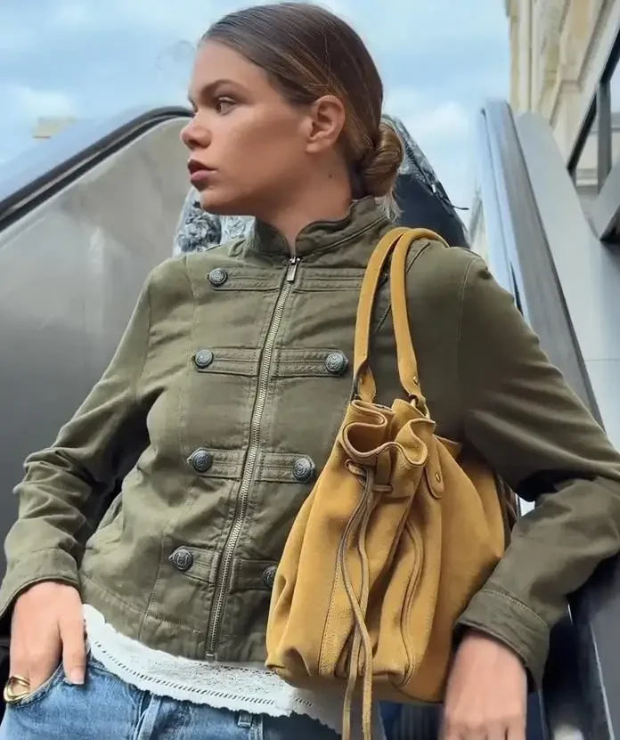 Green Napoleon Short Jeans Jacket Women's Chic Stand Collar Long Sleeve Zipper Crop Coat 2026 Lady Fall New Daily Street Outwear