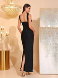 Women'S Luxury Pearl Bead Tight Bandage Long Dress Sexy Square Neck Sleeveless Elegant Evening Wedding Banquet Party Gown