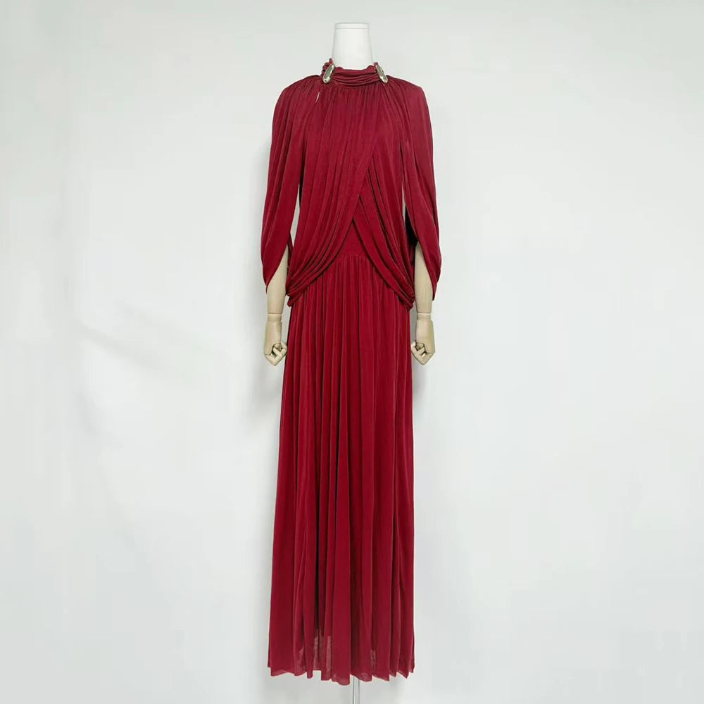 Chic Draped Maxi Dress Women Elegant Flutter Sleeve Turtleneck Patchwork Long Dresses 2026 Lady New Evening Party Gowns