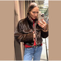 Women's Brown Faux Fur Cropped Jacket Fashion Stand Collar Single Breasted Pocket Casual Coat Lady 2026 Spring Chic Outerwear