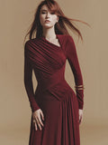 Elegant Women Pleated Solid Slim Maxi Dresses Women V Neck Long Sleeve High Waist Long Dress Female Party Prom Gowns