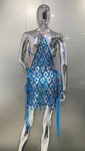 Women's Two-piece Peacock Blue Sequined Rhinestone Tube Top Halter Sheer Dress Fashion Hot Party Stage Performance Evening Gown