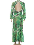 Tiger Stripe Print Long Dress Woman Autumn Trend Deep V-Neck Backless Lantern Sleeve Beach Party Elegant Vestidos